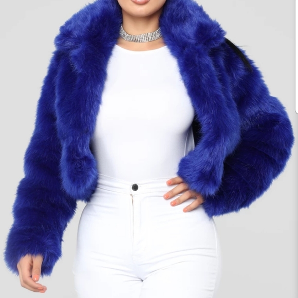 blue faux fur jacket